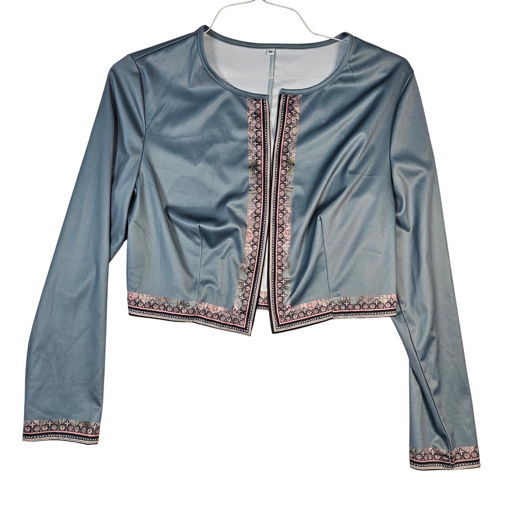 Womens Slate Blue Cropped Open Front Bolero Jacket Pink Border Print Size M